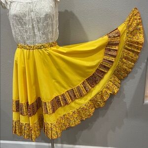 Handmade upcycled bright yellow gold full circle skirt with flounce & ruffle, M